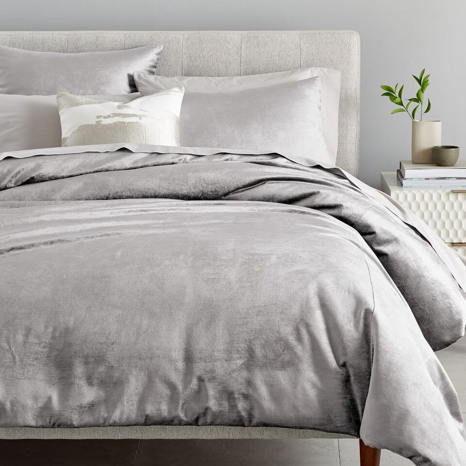 Washed Cotton Lustre Velvet Duvet Cover & Pillowcases - Pearl Grey